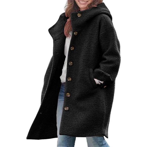 Women's Black Winter Single Breasted Long Wool Coat Casual Wool Blend Trench - Picture 1 of 3